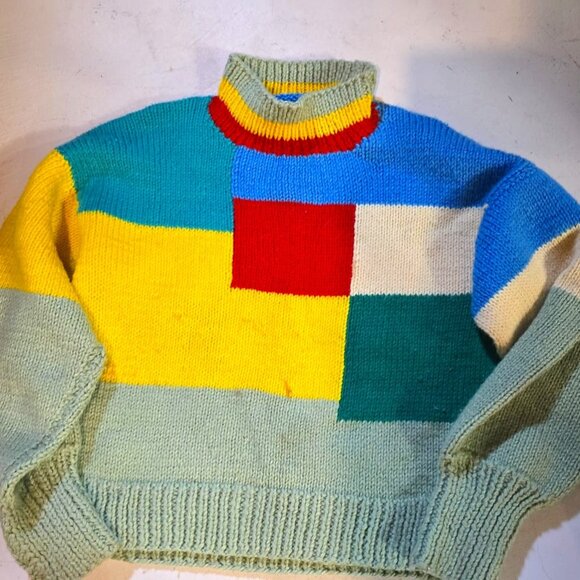VNTG Retro Hand-Made Crochet Knitted Color Block High Neck Unisex Heavy Sweater - Picture 1 of 3
